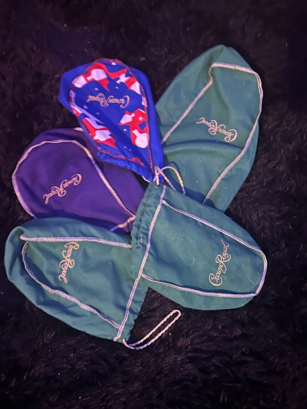 Crown royal bags - green , Purple, Blue
